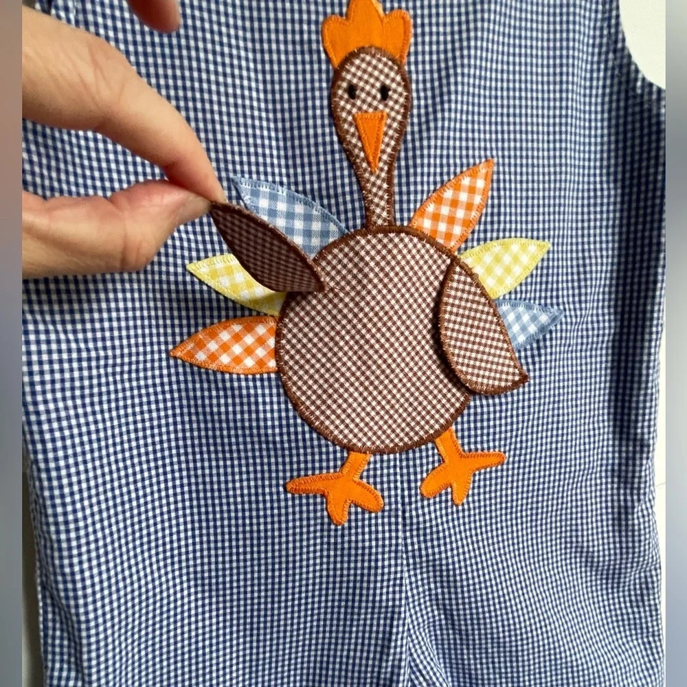 Funtasia Too Reversible 12mo Blue Checkered Overalls w/ Pumpkins & Turkey Design